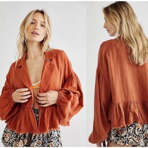 Free People Size S Lyra Tiered Bed Jacket Gauzey Rust Orange  Boho Oversized